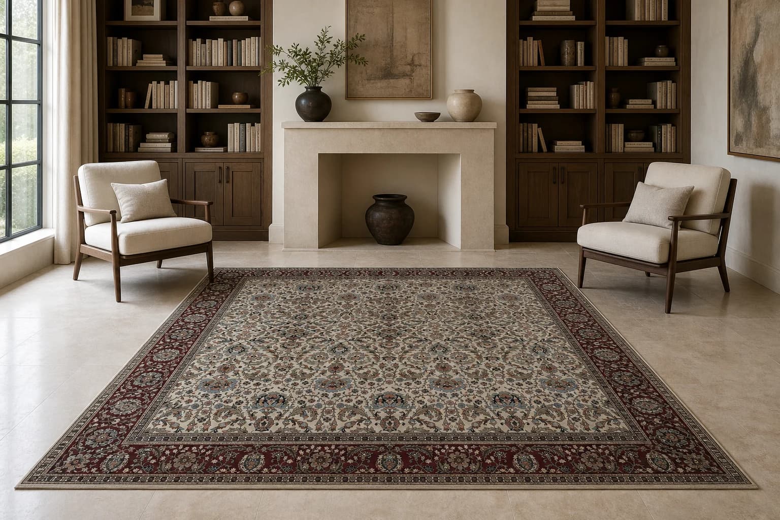 A cream and burgundy Hereke rug styled in a calm, daylit library.