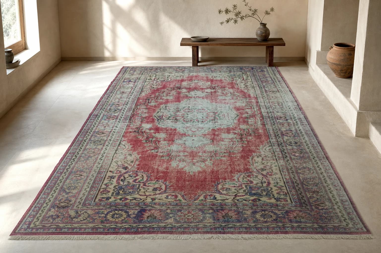 Faded red vintage Oushak wool rug with a cream medallion.