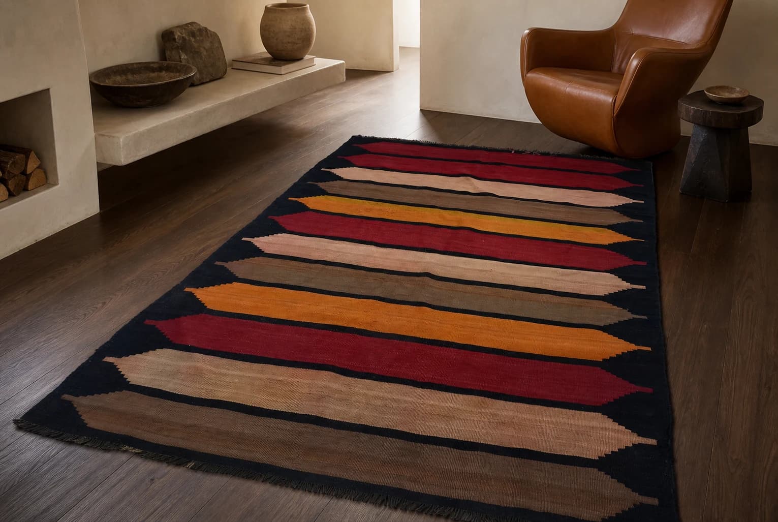 Black Anatolian kilim with long red, ochre, and tan woven stripes.