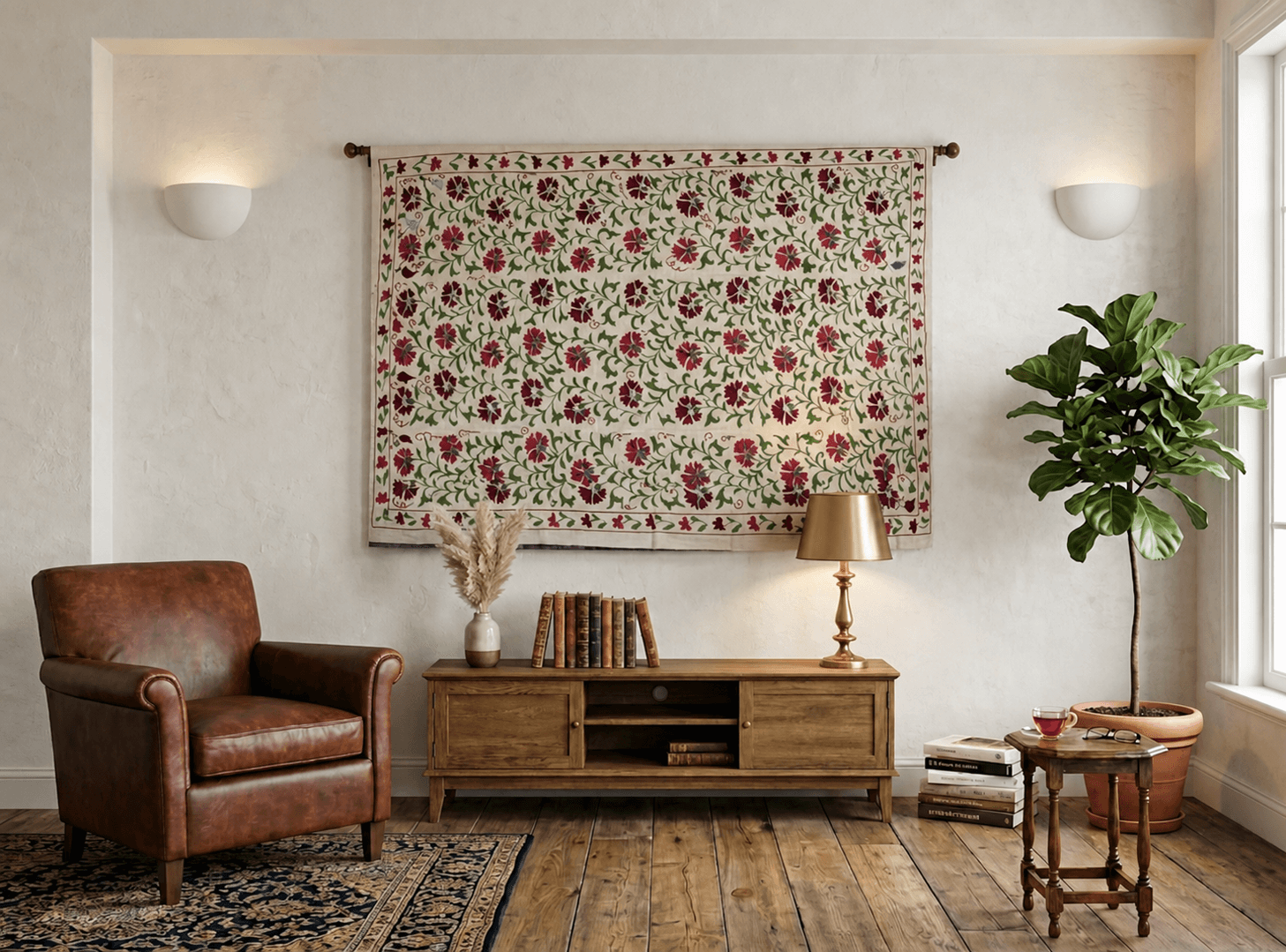 An embroidered Suzani hung above a bench in a warm, lamp-lit sitting room.